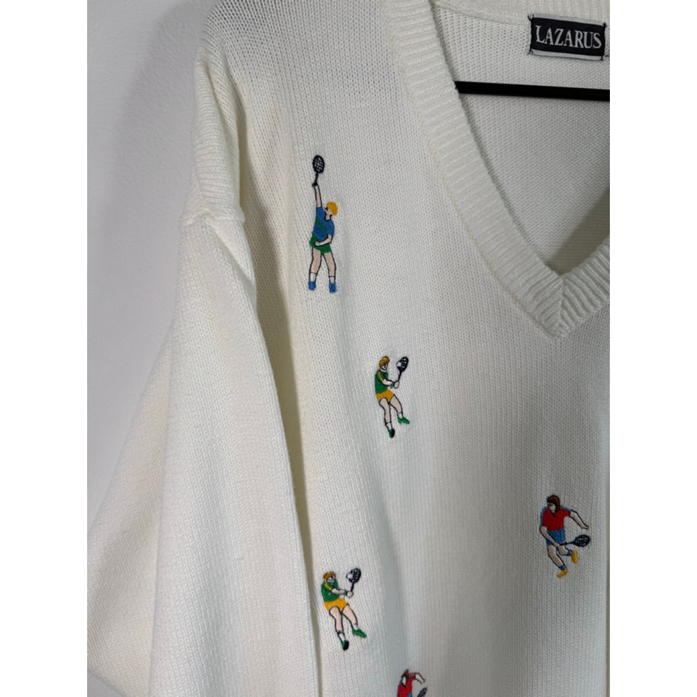 Men's‎ LAZARUS V-Neck Sweater XL White with Tennis Player Embroidery - Picture 3 of 10